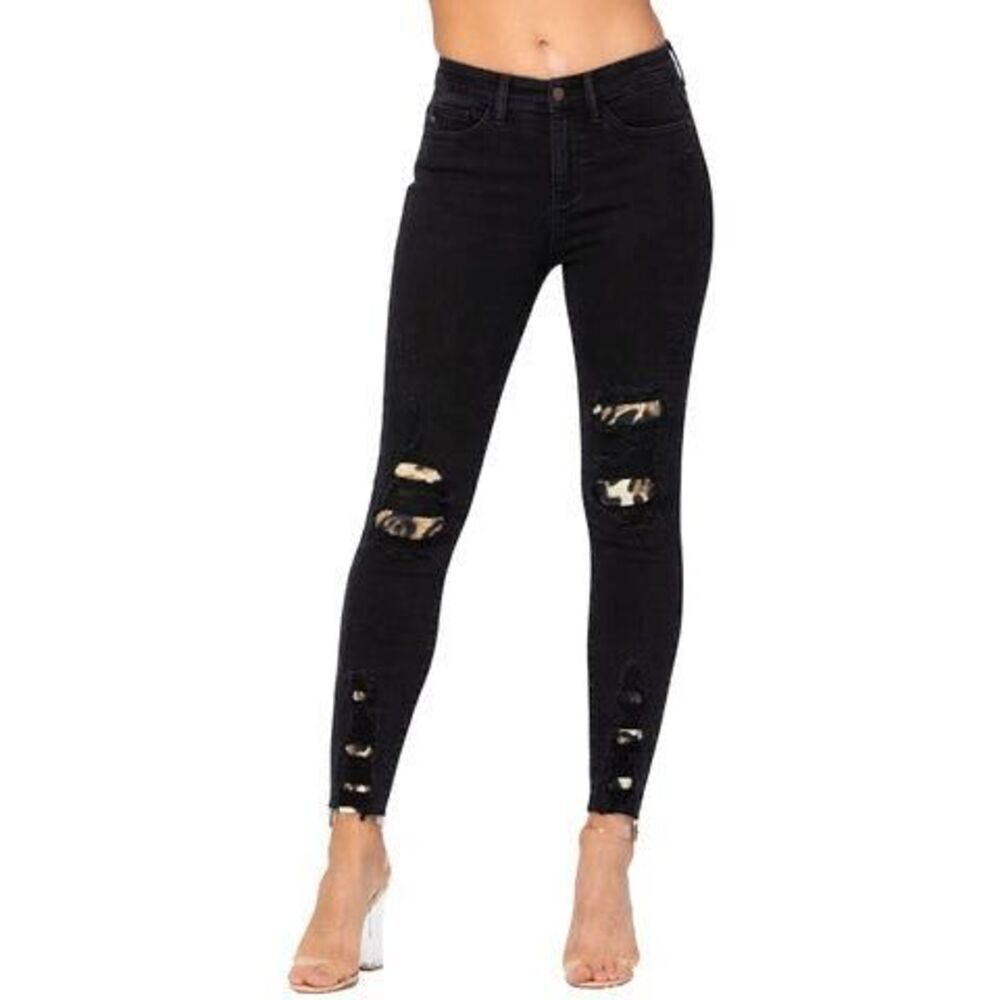 Judy Blue Jeans Women's 9/29 Distressed Black Leopard Patch Mid Rise Skinny Jean